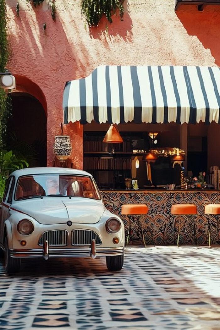 Casa Noi — villa exterior with vintage car and poolside bar