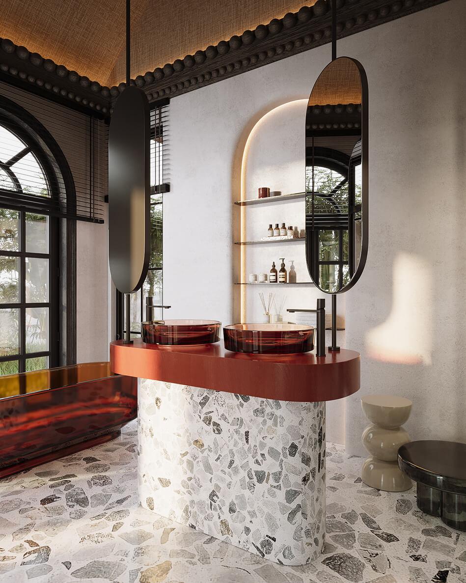 Casa Noi — terrazzo bathroom with amber soaking tub